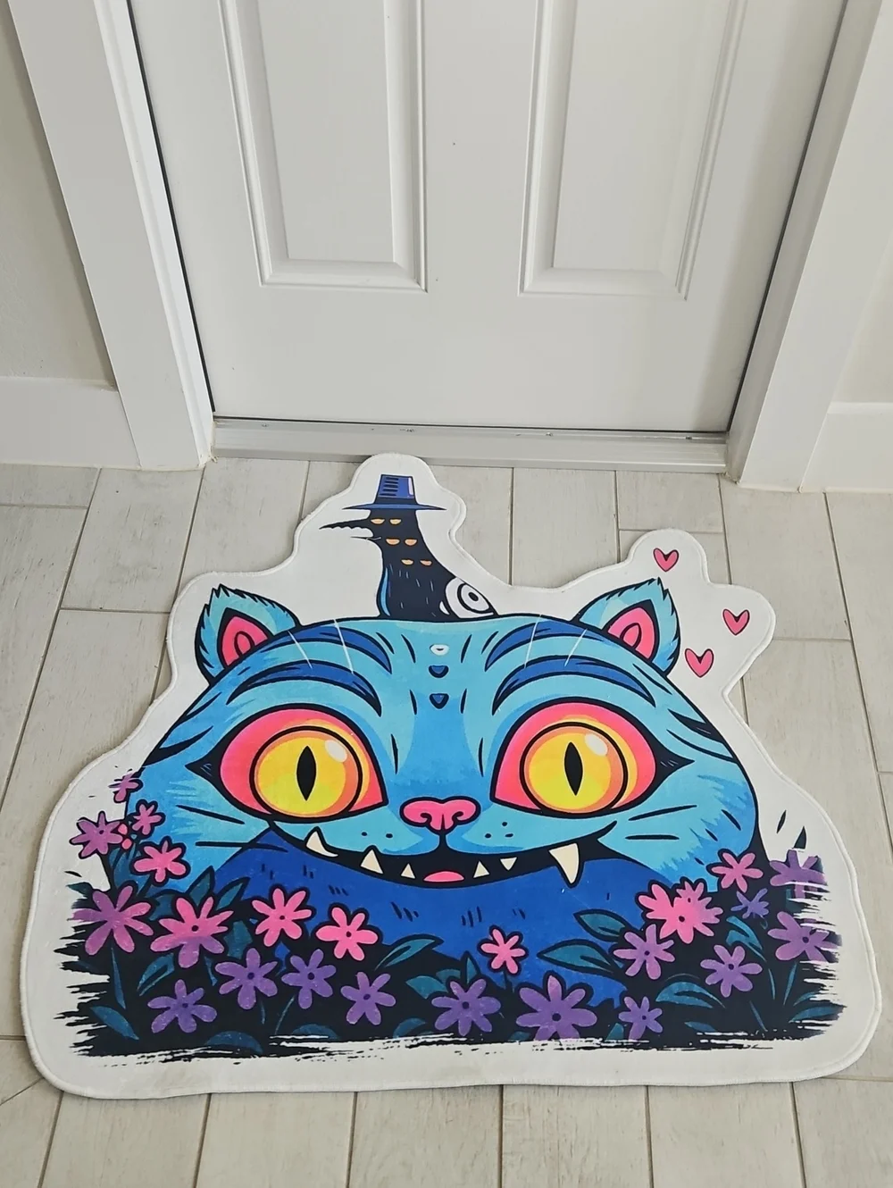 Blue Cheshire Cat Graphic Mat with Yellow Eyes